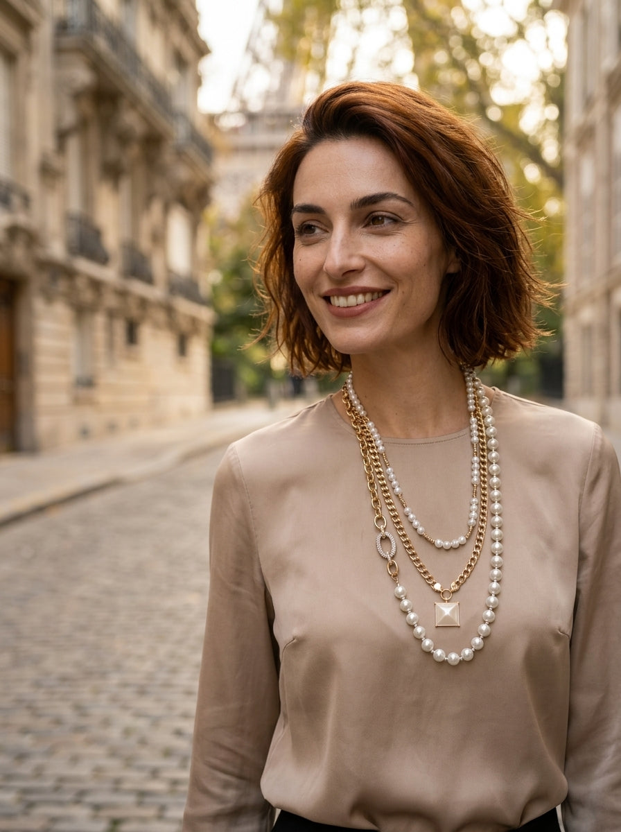 Layered detachable 3-in-1 necklace — On Model - Street Style | Generated by Modelize