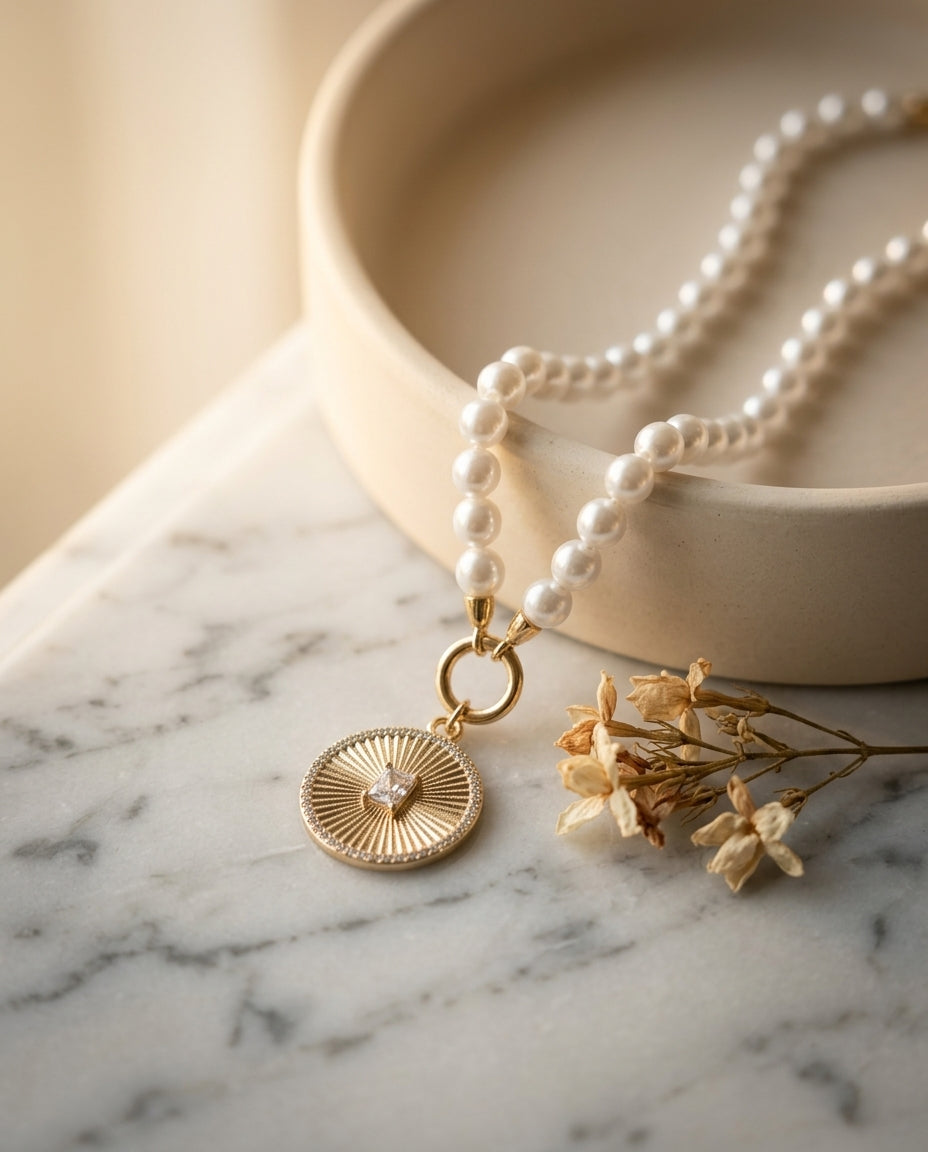 Pearl necklace with medallion pendant — Elevated Lifestyle Scene | Generated by Modelize